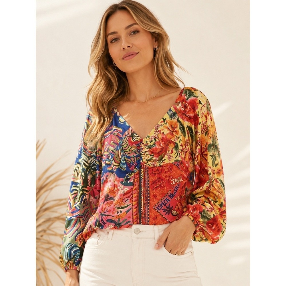 Farm Rio Blouse Womens S Yellow Patchwork Floral Boho Balloon Sleeve Viscose
